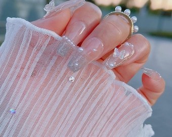 Custom Size Available! | Reusable Silver Glitter Butterfly Press On Nails | Pearls Pressons | Made In Australia | lmz156