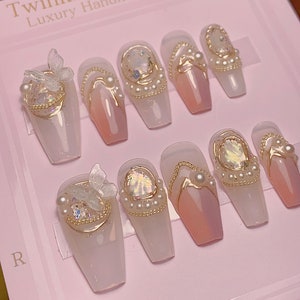 Dream Pearl Butterfly Veil Pink Press On Nails | Beautiful Nails | Premium Press-Ons | Kpop Nails | imz2888