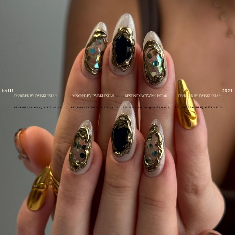 Gold Shell Blue Crystal Gemstone Press On Nails, Luxury Gold Chrome Nails, Ocean Inspired Gem Nails, Reusable Handmade Nails image 5
