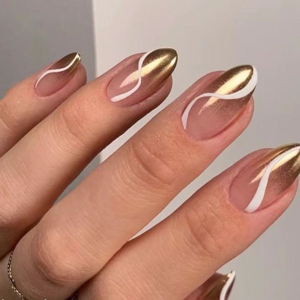 Gold Ombre Swirl Press On Nails  /Reusable Nails / Gel Nails / Summer Nails / Glue On The Nails / Salon Quality Nails