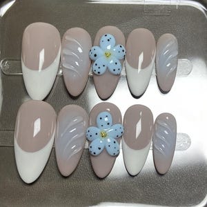 Blue Oasis and Pure White French Tips | Reusable Sturdy Strong Gel Fake Acrylic Nails | Short Long Press On Nails | Salon Quality Nails| image 3