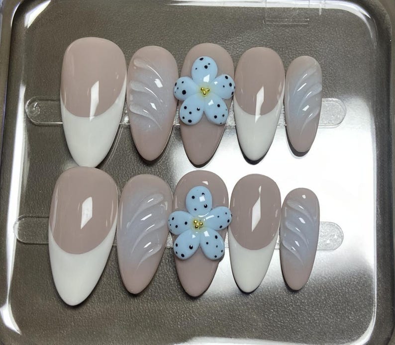 Blue Oasis and Pure White French Tips | Reusable Sturdy Strong Gel Fake Acrylic Nails | Short Long Press On Nails | Salon Quality Nails| image 3