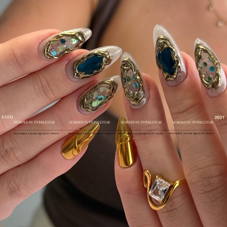 Gold Shell Blue Crystal Gemstone Press On Nails, Luxury Gold Chrome Nails, Ocean Inspired Gem Nails, Reusable Handmade Nails image 6