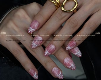 Sparkling Pink Spider Web Nails (cat eye effect) | Durable Nails | Strong Gel Nails | Reusable Nails | Salon Quality Nails
