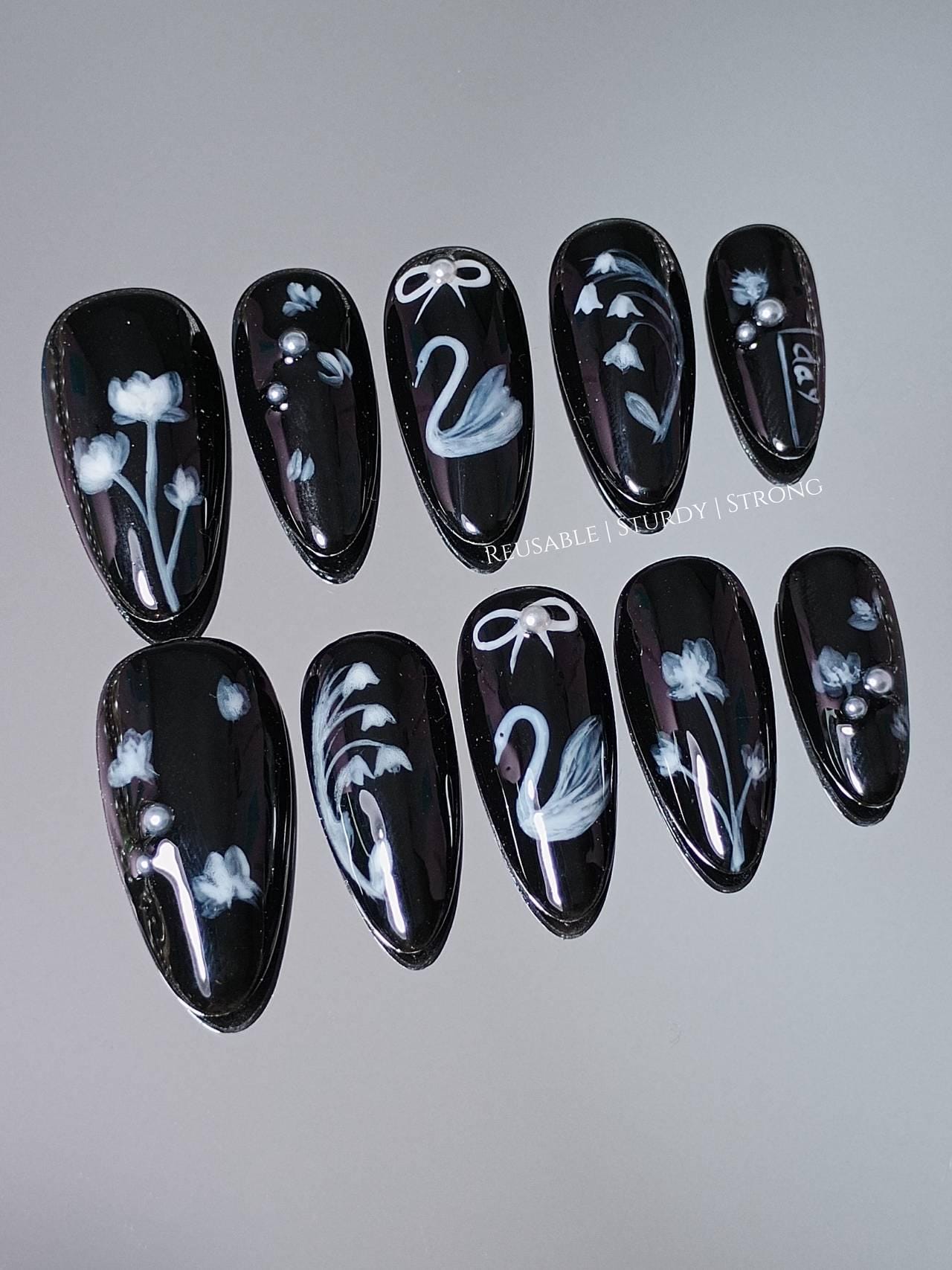 Swan Goose On Lake | Reusable, Durable, Strong Nails | Acrylic Nails | Short Medium Long Nails | Salon Quality Nails | xwj349