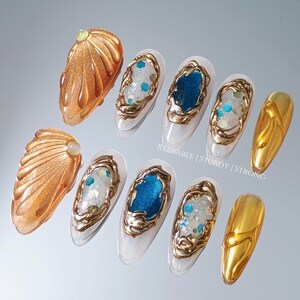 Gold Shell Blue Crystal Gemstone Press On Nails, Luxury Gold Chrome Nails, Ocean Inspired Gem Nails, Reusable Handmade Nails image 10