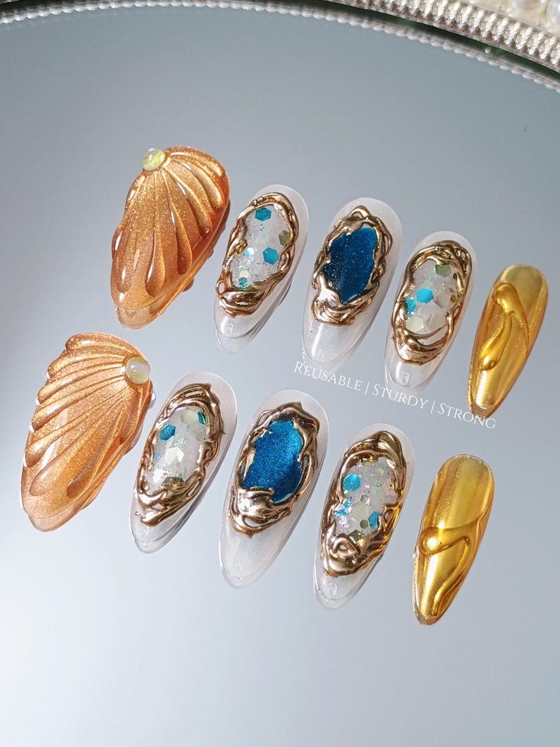 Gold Shell Blue Crystal Gemstone Press On Nails, Luxury Gold Chrome Nails, Ocean Inspired Gem Nails, Reusable Handmade Nails image 10