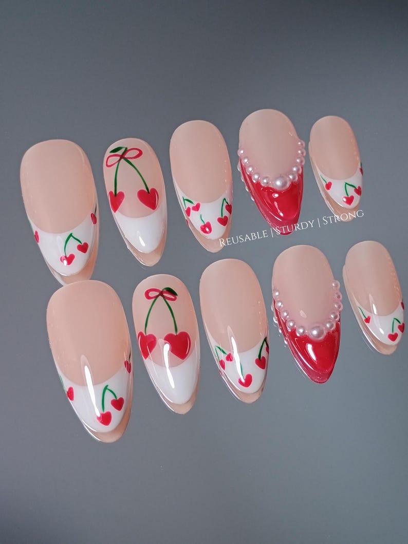 Sweet Cherry Kiss | Durable Handmade Nails | Summer Nails | Elegant Nails | Rich and Glossy Gel Finish |xh523 Bild 3