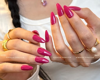 Glossy Pink Solid Color Nails, Rich Berry Pink Chic Everyday Nails, Minimalist Clean Girl Almond Nails, A28