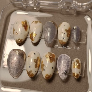 Golden Flora Chrome Press On Nails / Reusable Nails / Strong Gel Nails /Glue On Nails / Salon Quality Nails