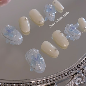 Short Beige And Pretty Blue Butterfly Pearls Press On Nails | Gel Nails | Kpop Nails | Salon Quality Nails | imz2807