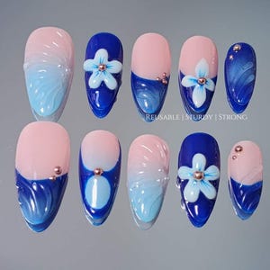 Enchanting Midnight Blue Floral | Durable Press On Nails | Summer Nails | Elegant Nails | Fake Nails | Acrylic Nails | French Tips | xhj622