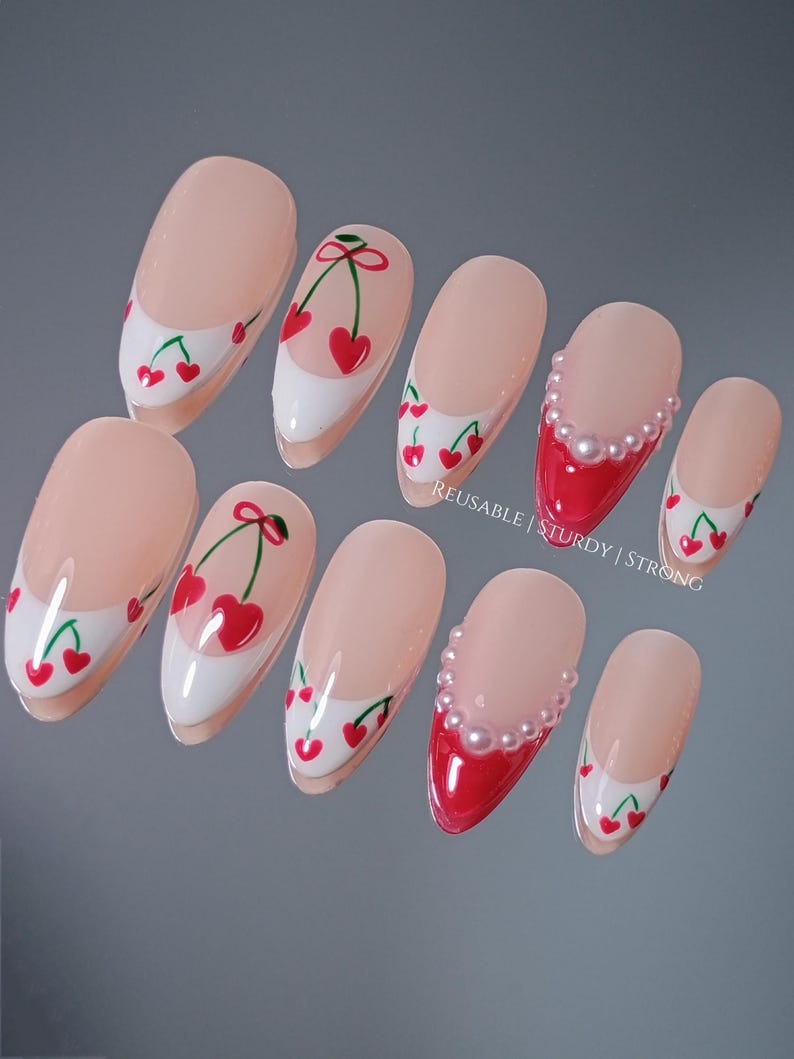 Sweet Cherry Kiss | Durable Handmade Nails | Summer Nails | Elegant Nails | Rich and Glossy Gel Finish |xh523 Bild 5