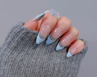 Sky Blue French Swirl Water  Ripple Press On Nails | Premium Nails | Gel Nails | Elegant Nails | Salon Quality Nails | yyz1378