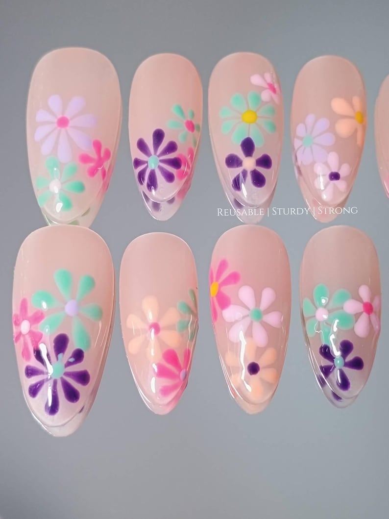 Reusable Colorful Daisy Press-On Nails, Pastel Flower Almond Glue On Nails, Reusable Handmade Glossy Gel Manicure, XHJ618 image 6