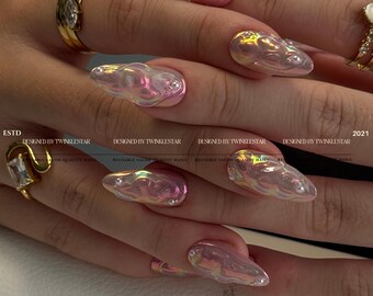 Iridescent Icy Illusion Press-On Nails, Aurora Chrome Jelly Nails, 3D Glass Effect Nails, Pearl Accent Swirl Nails, xwj70
