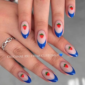 Royal Blue Tip with Tiny Strawberries | cute nails | french tip nails | summer nails | blue nails | holiday nails | xhz3203