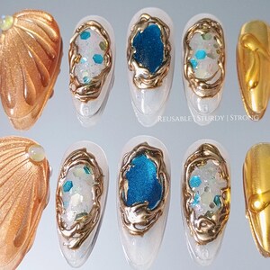 Gold Shell Blue Crystal Gemstone Press On Nails, Luxury Gold Chrome Nails, Ocean Inspired Gem Nails, Reusable Handmade Nails image 12