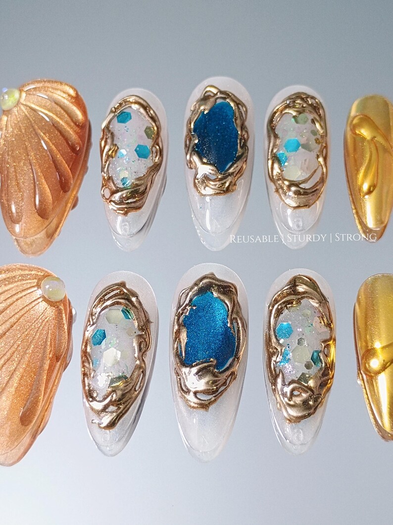 Gold Shell Blue Crystal Gemstone Press On Nails, Luxury Gold Chrome Nails, Ocean Inspired Gem Nails, Reusable Handmade Nails image 12