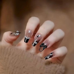 Jelly Black Glitter And Diamond Press On Nails | Glitter Nails | Black Nails | Glue On Nails | yyz1010
