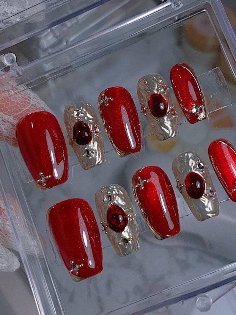 Deep Red Cat Eye and Champagne Chrome Nails | Unique Nail Design | Reflective Nails | Shiny Nails | lmz1285 image 5