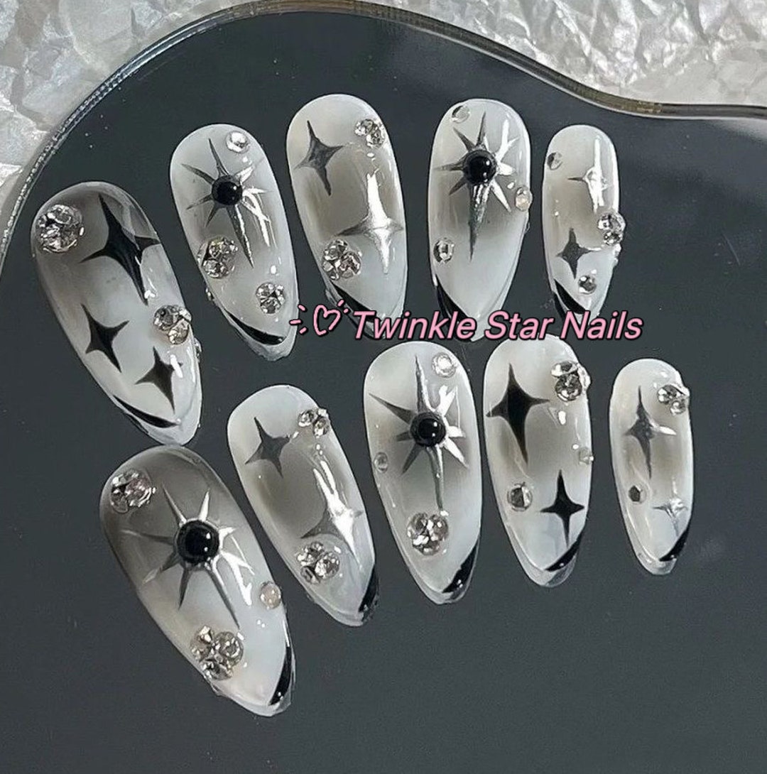 Y2K Black Airbrushed and Silver Stars Press on Nails Cool Nails Handmade Nails Gel Nails Glue on