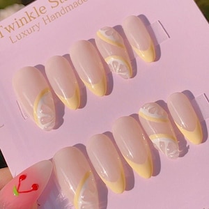 Reusable Juicy Lemon French Tips  / Hand-painted Nails / Gel Nails / Summer Nails / Almond Nails / Glue On The Nails / Salon Quality Nails