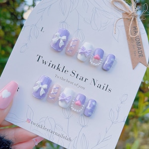 Y2K Pink Little Heart Dreamy Press On Nails | Hand-painted Clouds Nails | Cute Nails | Well Hand Made Press On Nails | rmz453