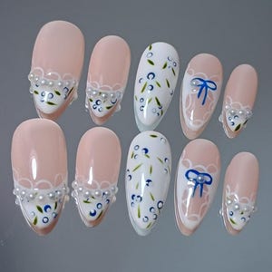 Lace Blueberry Press On Nail, Hand Painted Coquette Almond White French Tip Nails, Elegant Soft Girl Aesthetic Salon Quality Nails, XHJ755 image 3