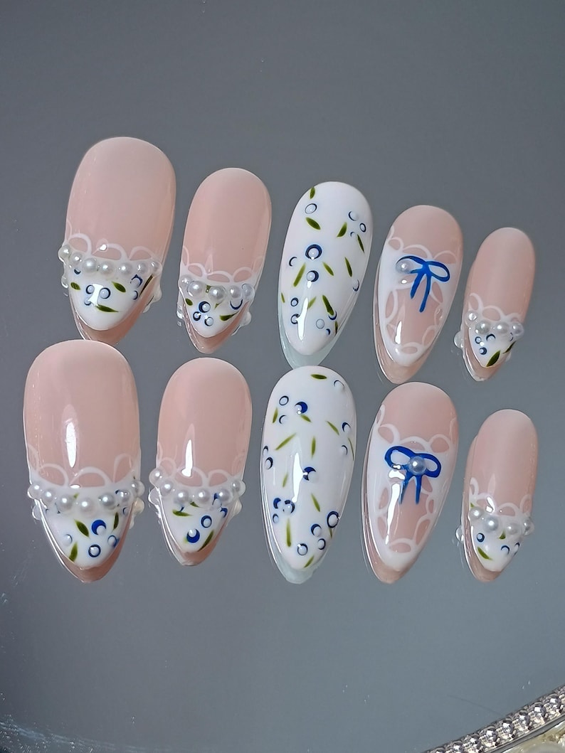 Lace Blueberry Press On Nail, Hand Painted Coquette Almond White French Tip Nails, Elegant Soft Girl Aesthetic Salon Quality Nails, XHJ755 image 3