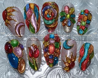 Stained Glass Cloisonne Press On Nails, 3D Mosaic Colorful Flower Artisan Nails, Floral Moon Almond Cat Eye Fake Nails, LM213