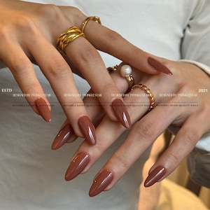 Cinnamon Brown Plain Press-On Nails, Chic Autumn Aesthetic Fake Nails, Reusable Handmade Salon Quality Gel Nails, A33