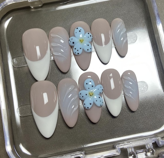 Blue Oasis and Pure White French Tips | Reusable Sturdy Strong Gel Fake Acrylic Nails | Short Long Press On Nails | Salon Quality Nails|