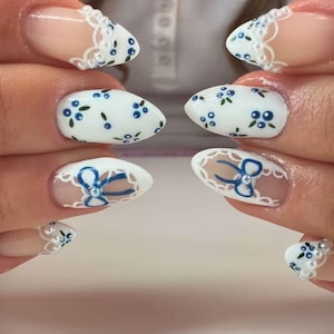 Lace Blueberry Press On Nail, Hand Painted Coquette Almond White French Tip Nails, Elegant Soft Girl Aesthetic Salon Quality Nails, XHJ755 image 1