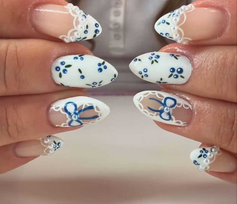Lace Blueberry Press On Nail, Hand Painted Coquette Almond White French Tip Nails, Elegant Soft Girl Aesthetic Salon Quality Nails, XHJ755 image 1