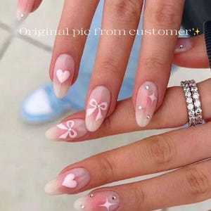 Custom Design No.27 Press On Nails | Jelly White & Pink Blush | Hand-painted Bow | Luxury Nails | High Quality Nails | Gel Nails | rmz1825