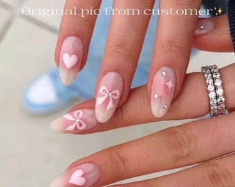 Custom Design No.27 Press On Nails | Jelly White & Pink Blush | Hand-painted Bow | Luxury Nails | High Quality Nails | Gel Nails | rmz1825