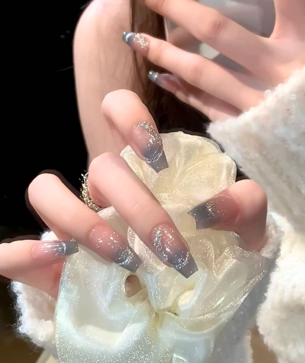 Grey Blue Galaxy with Tiny Diamonds Press On Nails | Elegant Nails | Beautiful Nails | Glue On The Nails | Handmade Nails | xyz1266