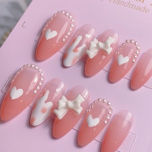 Reusable Ombre Light Peach and White Bows / Premium Nails / Gel Nails / Cute Nails / Summer Nails / Salon Quality Nails