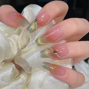 French Blushed Reflective Green Cat Eye  Press On Nails | Premium Nails | Summer Nails | Holiday Nails | Salon Quality Nails | imz1881