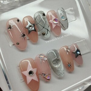 Custom Design No.51 Press On Nails | Cateye Nails | Silver Star Nails | Luxury Nails | High Quality Nails | Gel Nails | xlm1630 image 3