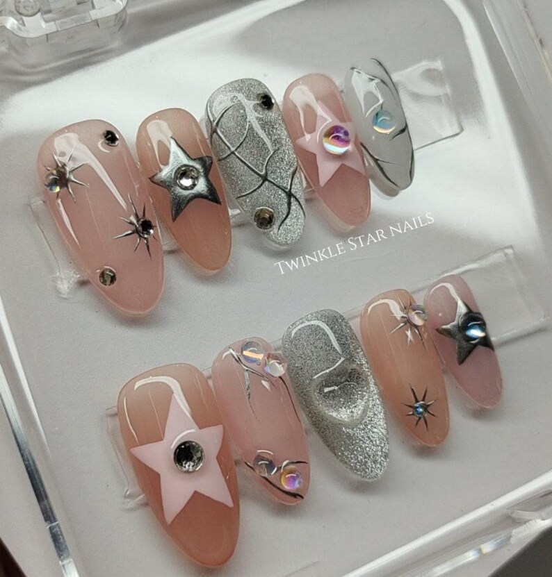 Custom Design No.51 Press On Nails | Cateye Nails | Silver Star Nails | Luxury Nails | High Quality Nails | Gel Nails | xlm1630 image 3
