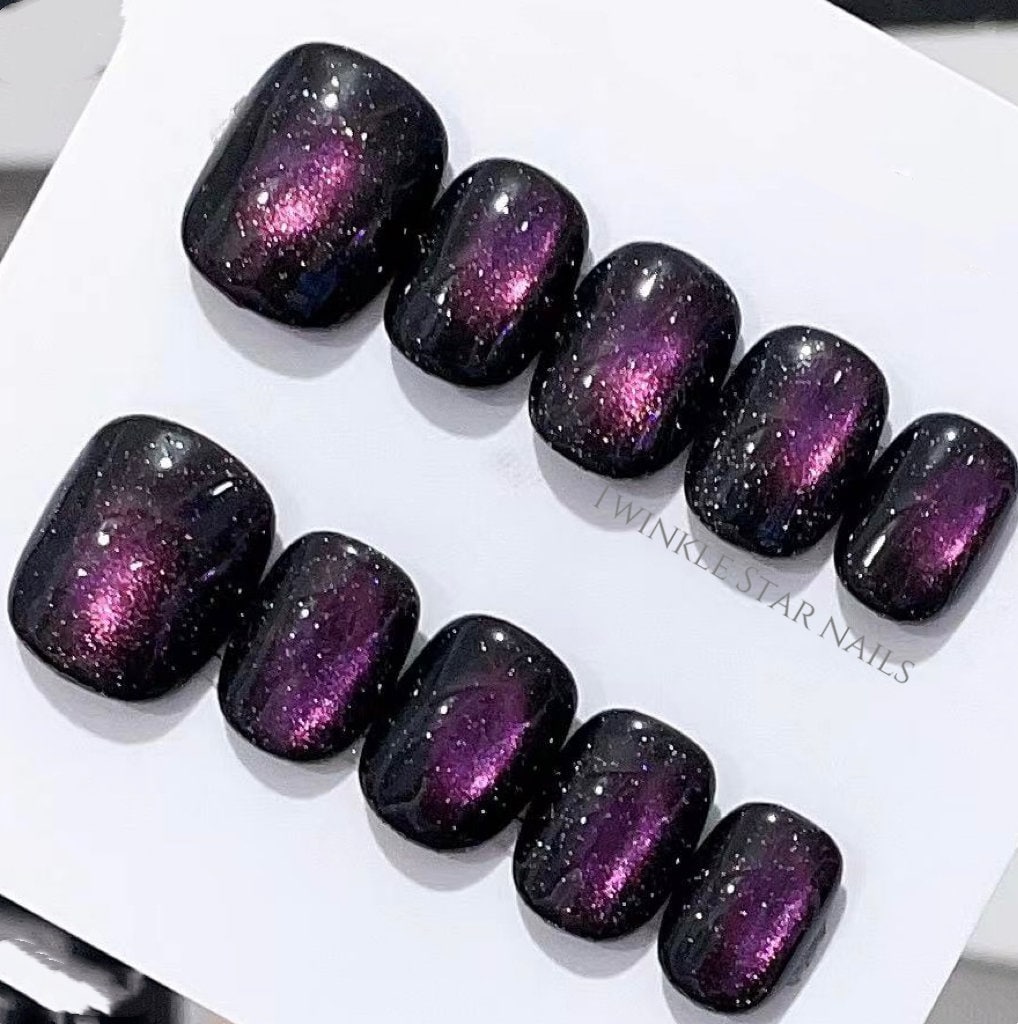 Reusable Purple Cateye Press On Nails | Gel Nails | Black Nails | Cateye Nails | Dark Nails | Handmade Nails | yyz1566