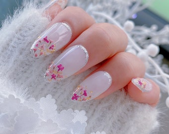 Reusable Real Pressed Dried Flowers (With Gold Flake And Silver Glitter Edge | Gel Nails | Hidden Gem Nail Shop | rmz442