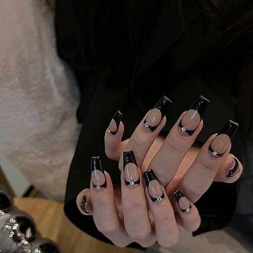 Hourglass Euphoria Black French Press On Nails | Premium Nails | Black Nails | Luxury Nails | xyz188