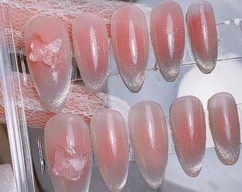 Tinted Coral Blush and Clear Crystal Butterfly | French Cat Eye Nails | Cute Nails | Kpop Nails | Inspo Nails | Salon Quality Nails |xtz3115