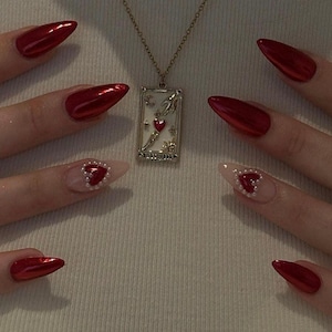 Red Chrome Heart Nails bling nails / handmade press on nails / casual nails / faux nails / salon quality nails at home