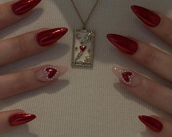 Red Chrome Heart Nails bling nails / handmade press on nails / casual nails / faux nails / salon quality nails at home