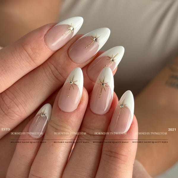 Classic Golden Celestial and Pure White French Tips | Reusable Press On Nails | Acrylic Nails | Handmade Gel Nails | xhj544