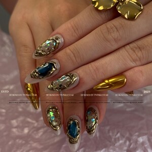 Gold Shell Blue Crystal Gemstone Press On Nails, Luxury Gold Chrome Nails, Ocean Inspired Gem Nails, Reusable Handmade Nails image 2